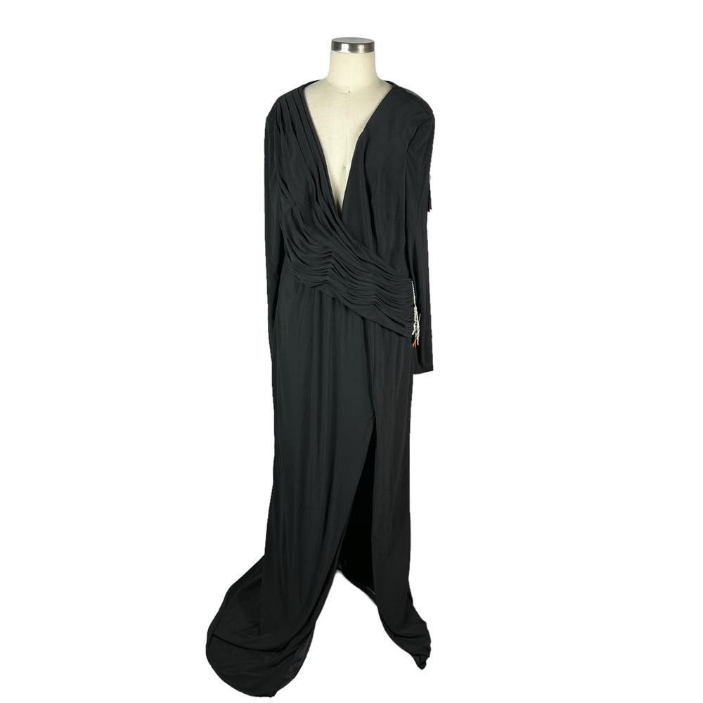 MAC DUGGAL 26686 Black Silver Jersey Long Sleeve Asymmetrical Ruched Gown 16